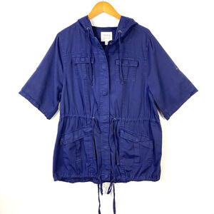 Torrid Womens Hooded Jacket Size 2 Blue Full Zip Cinched Waist Roll Tab Sleeve